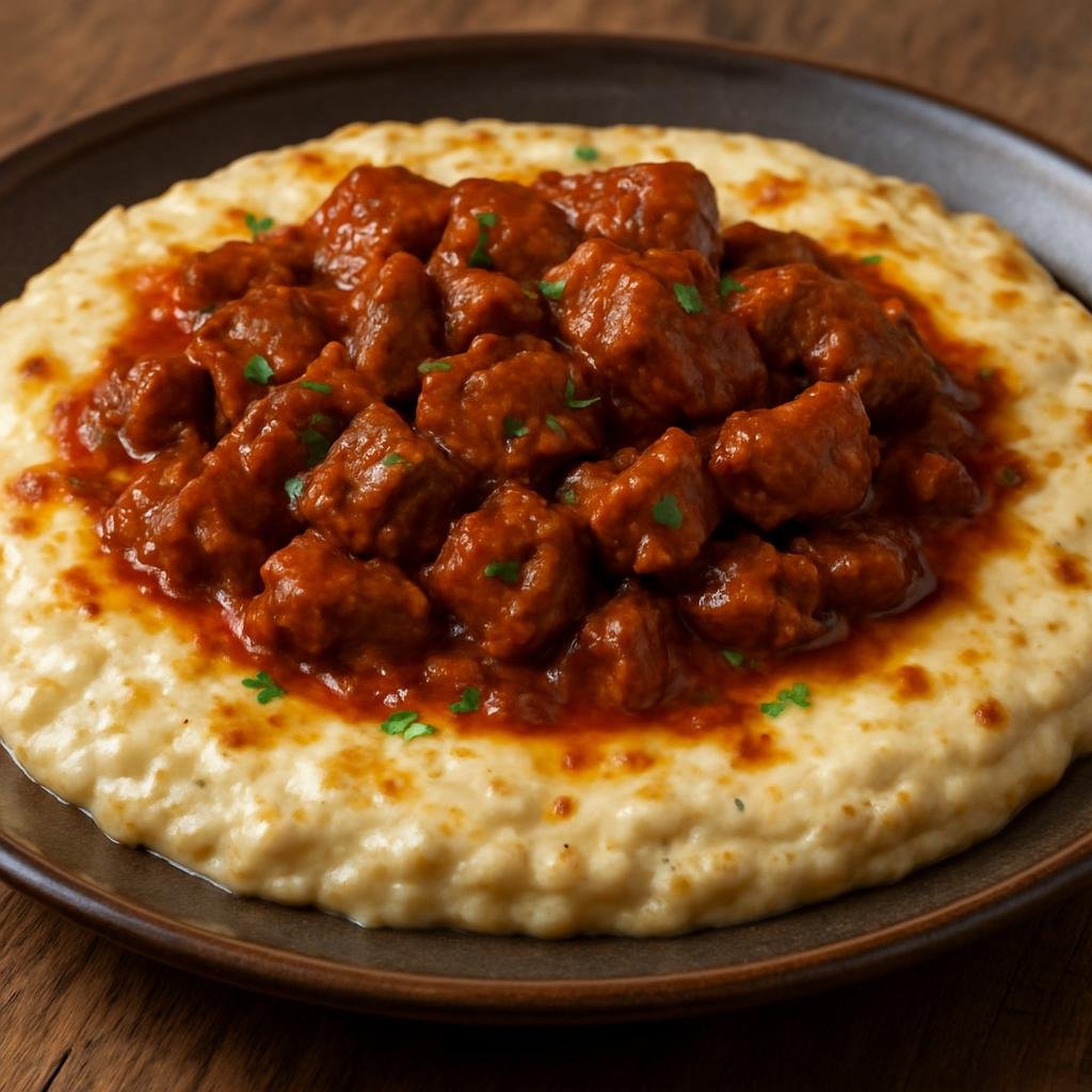 Entree: Turkey – Ottoman Palace Cuisine – Sultan's Delight (Lamb stew served over smoked roasted eggplant purée with a creamy, cheesy béchamel) recipe