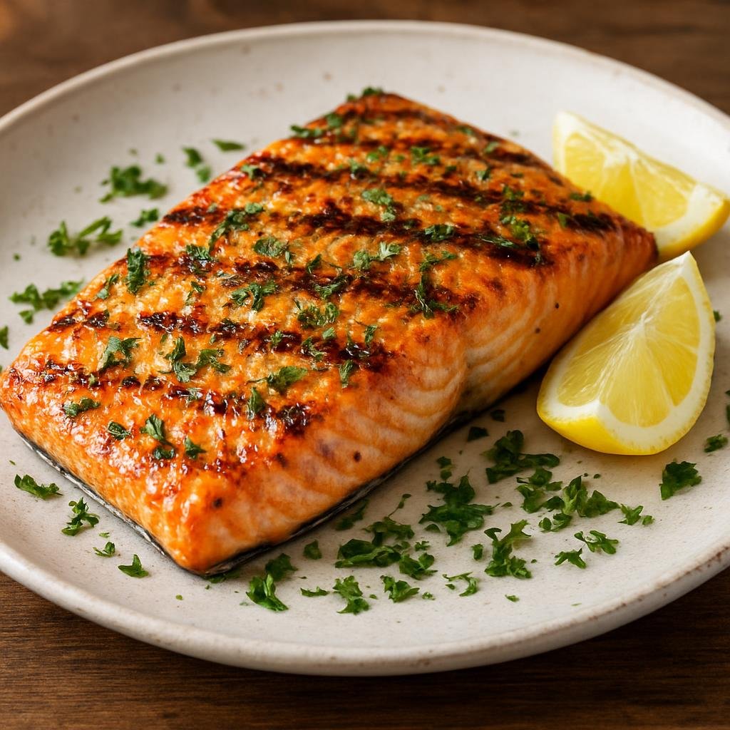 Entree: Australia – Tasmania – Grilled Atlantic Salmon (Simply seasoned Atlantic salmon fillets grilled and finished with lemon and herbs) recipe