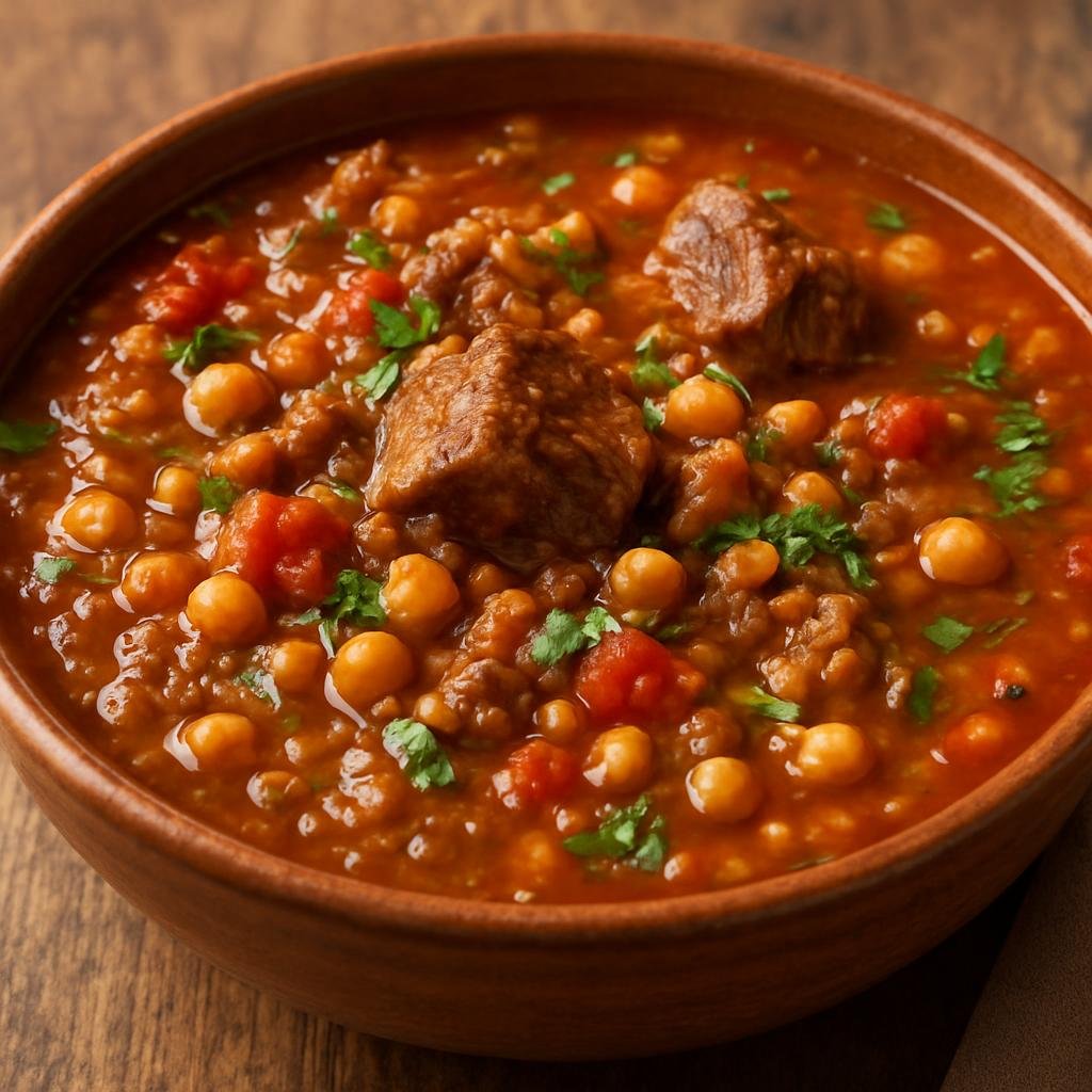 Entree: Morocco – Sahara & Southern Morocco – حريرة ➤ Ḥarīra (Hearty spiced Moroccan tomato, lentil and chickpea soup with meat and fresh herbs) recipe