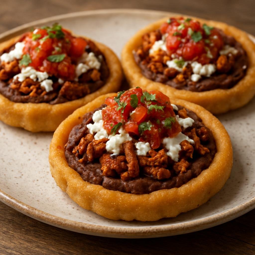 Entree: Mexico – Mexican Street Food Classics – Sopes (Thick fried masa cakes with a raised edge topped with beans, meat, cheese, crema and salsa) recipe