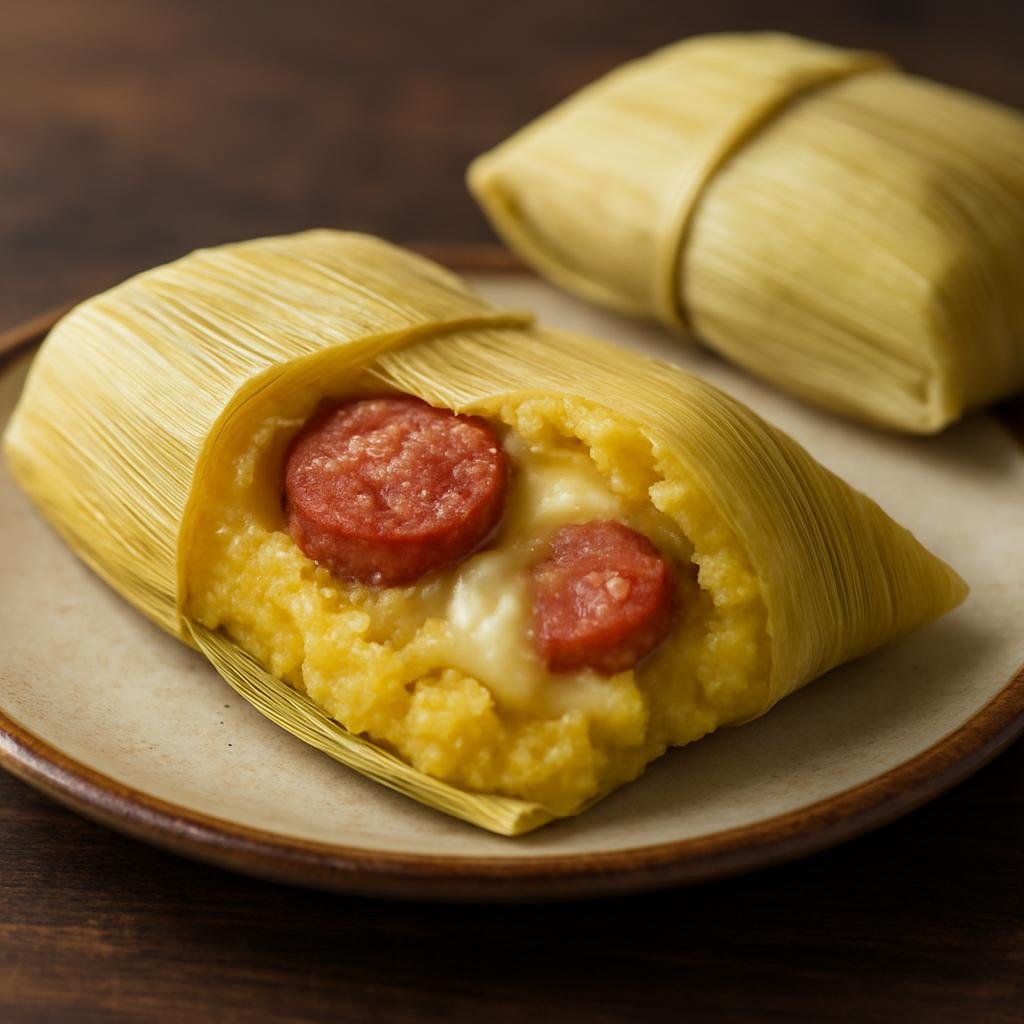 Entree: Brazil – Goias – Pamonha Salgada (Savory steamed corn paste wrapped in corn husks, often filled with sausage and cheese) recipe