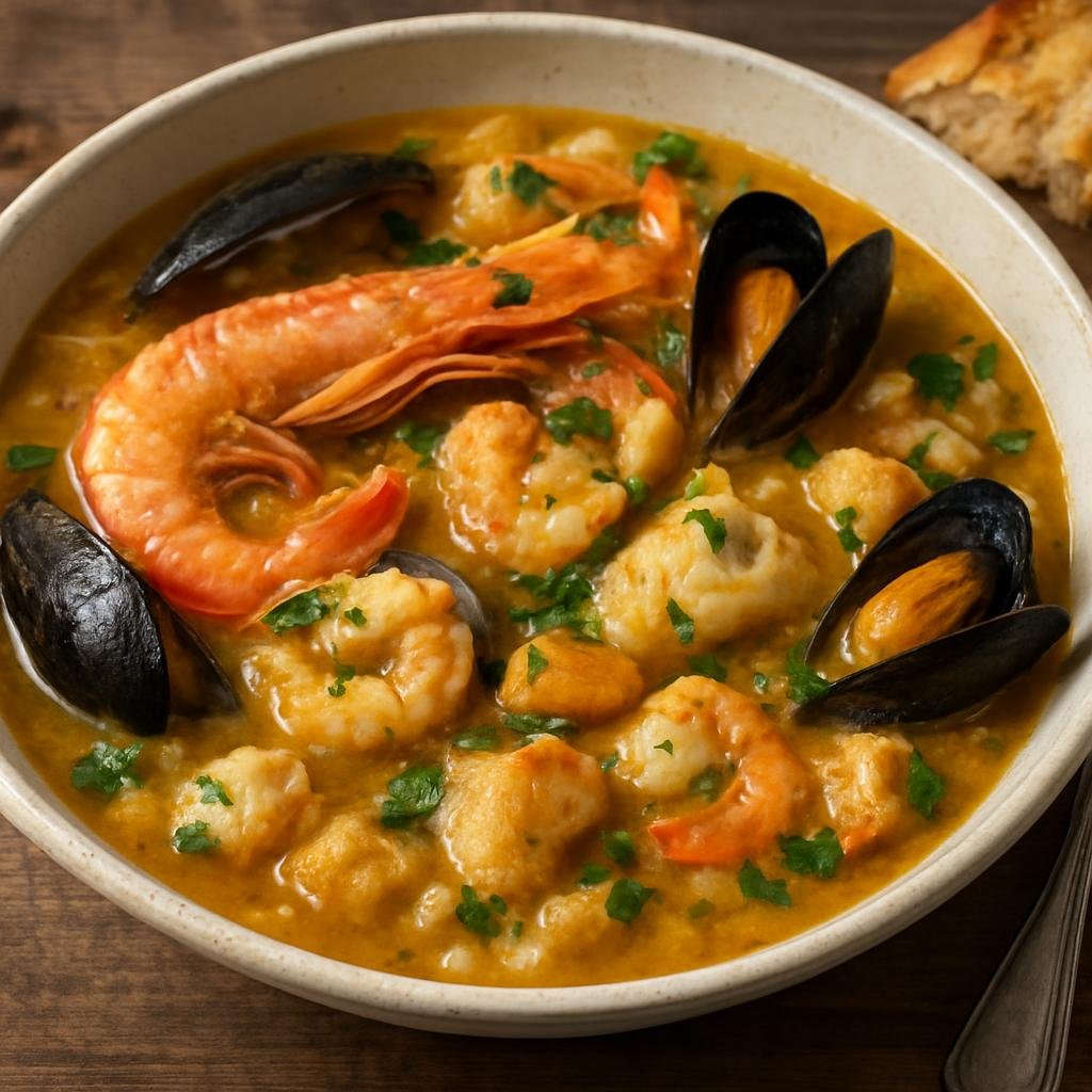 Entree: Portugal – Portuguese Seafood Coast – Açorda de Marisco (Portuguese seafood and garlic bread stew) recipe