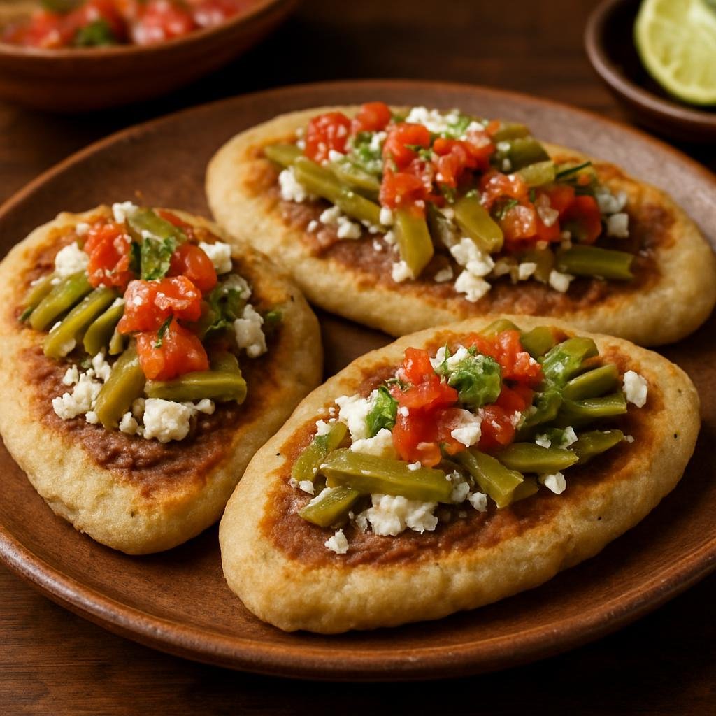 Entree: Mexico – Mexican Street Food Classics – Tlacoyos (Thick oval stuffed masa cakes typically filled with beans and topped with cheese, salsa, and nopales) recipe