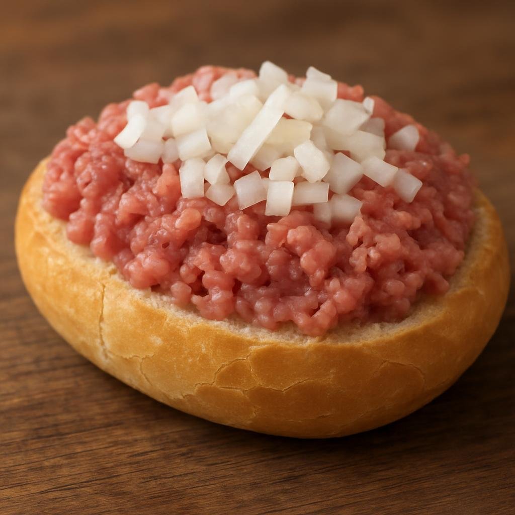Entree: Germany – Rhineland – Mettbrötchen (Raw seasoned minced pork served on a crusty roll, traditionally topped with raw onion) recipe