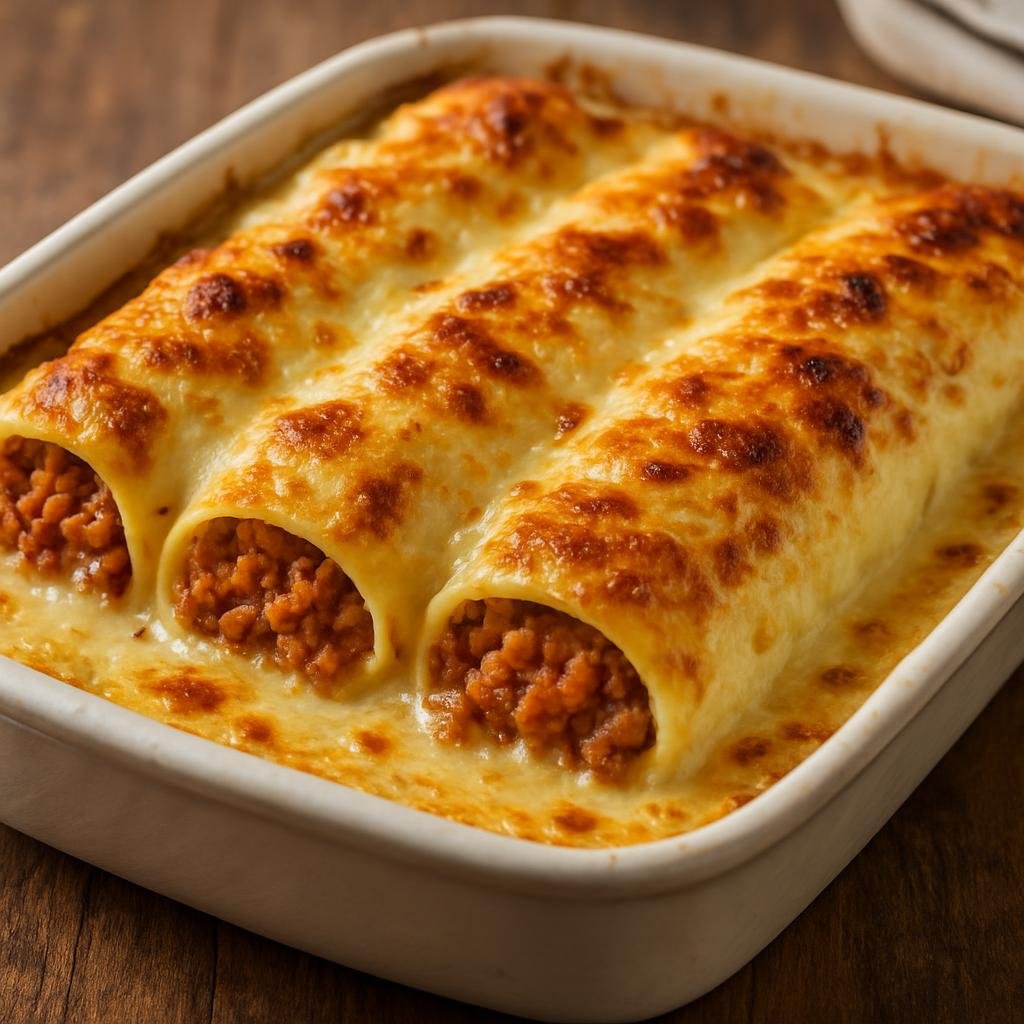 Entree: Spain – Catalonia – Canelons a la Catalana (Catalan baked pasta tubes filled with seasoned roast meat and topped with béchamel and cheese) recipe