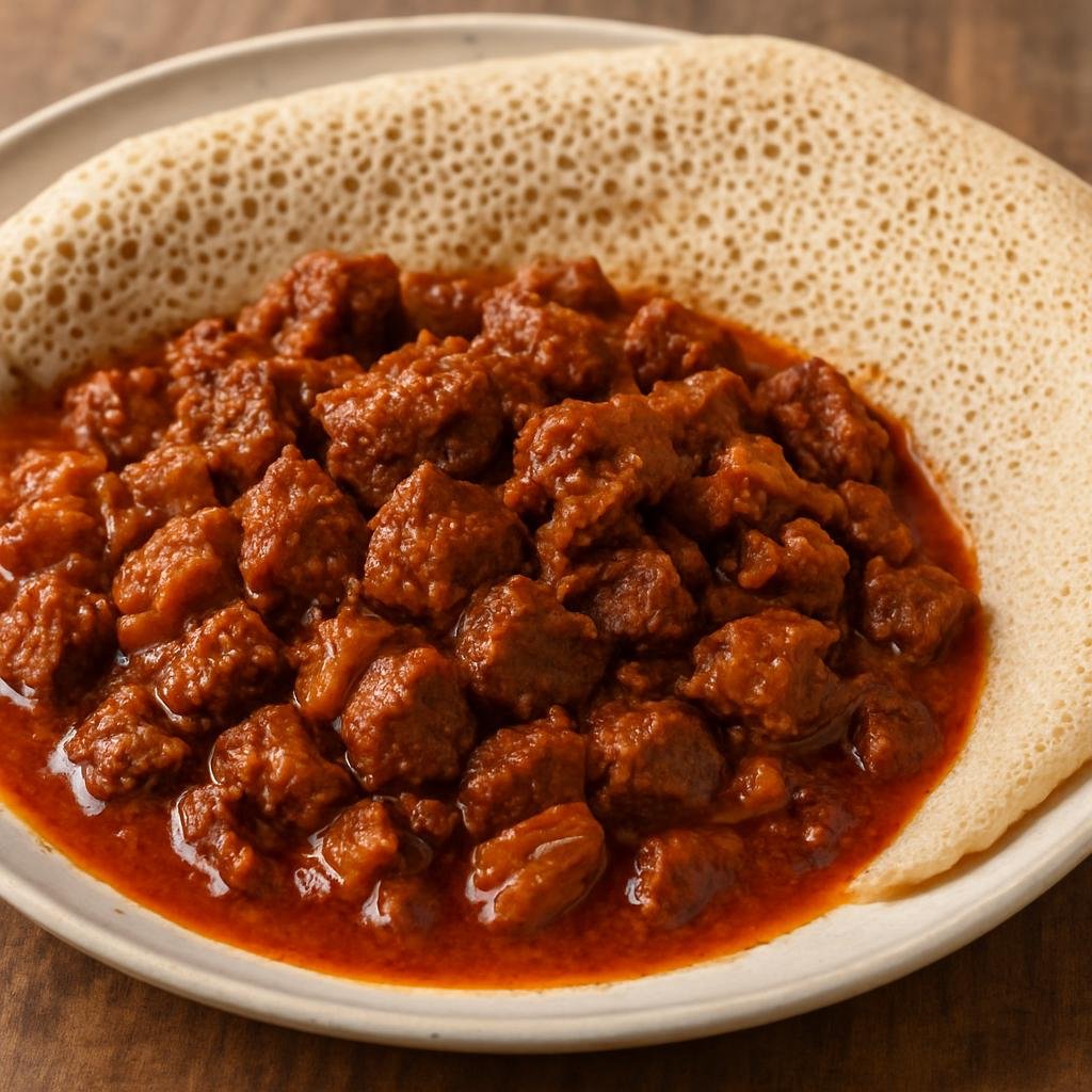 Entree: Ethiopia – Oromo – Itto (A hearty Ethiopian/Oromo spiced meat stew simmered with berbere, onions, and clarified butter served with injera) recipe