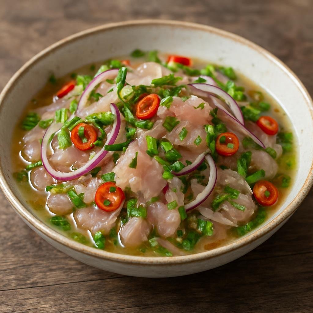 Entree: Malaysia – Sarawak – Umai (Sarawakian thinly sliced raw fish salad marinated in citrus with onions, chilies, and herbs) recipe