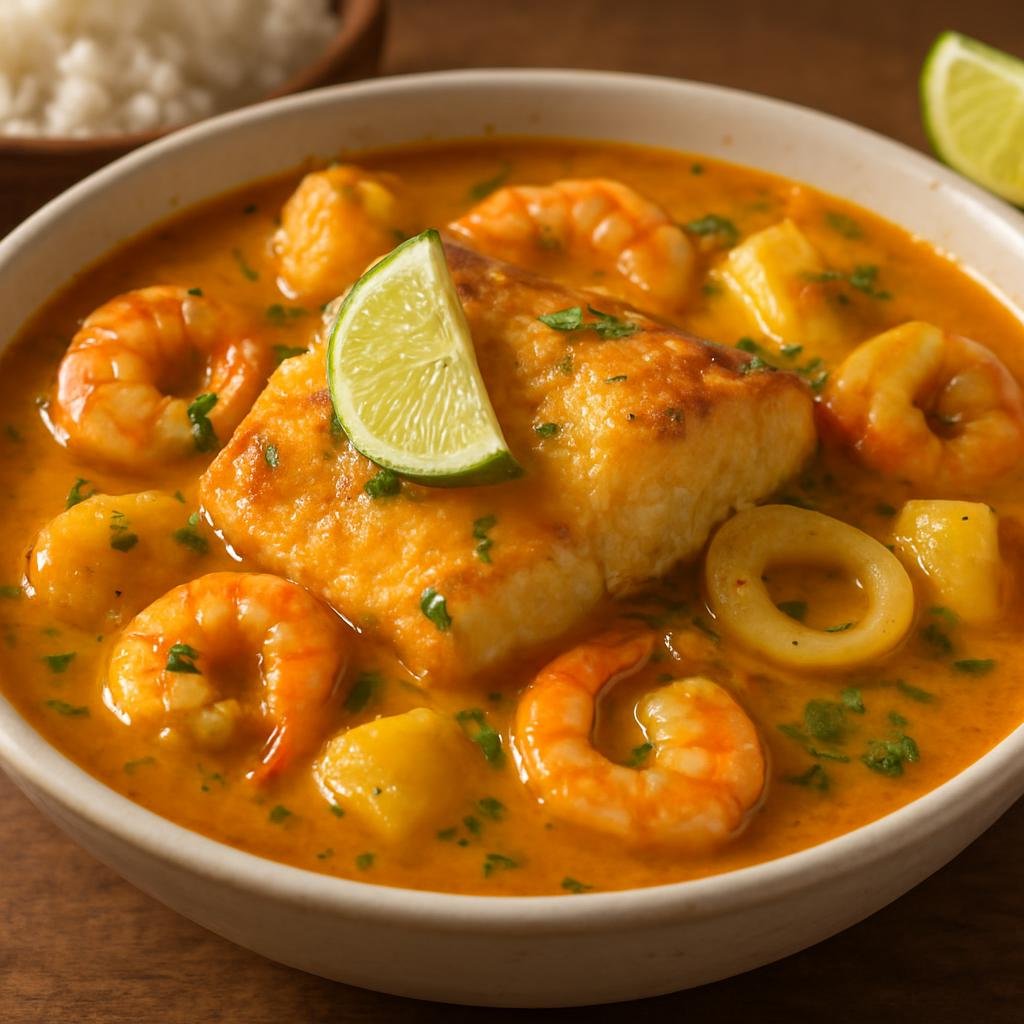 Entree: Peru – Northern Coast – Chinguirito (Northern Peruvian coastal braised fish and seafood stew with ají amarillo and citrus) recipe