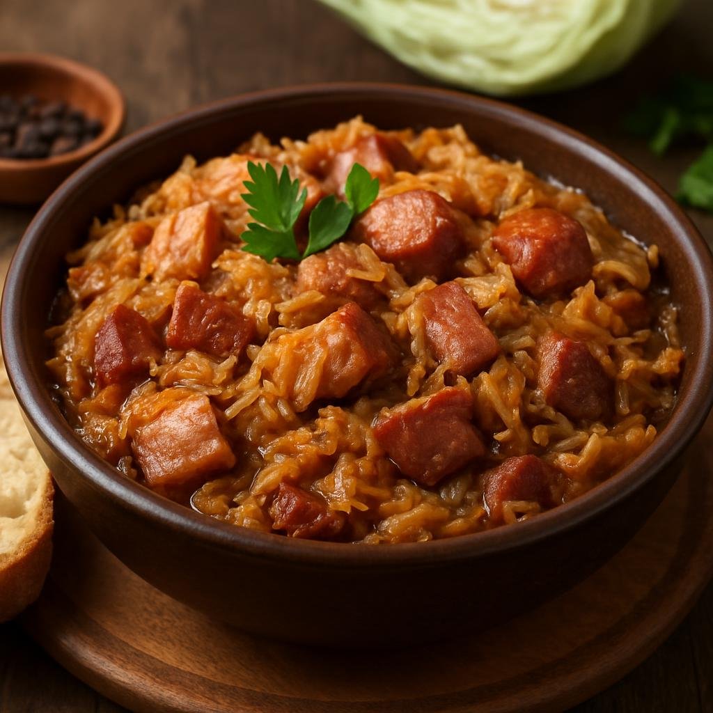 Entree: Poland – Silesia – Bigos Śląski (Silesian hunter’s stew of sauerkraut, fresh cabbage and mixed smoked and fresh pork) recipe