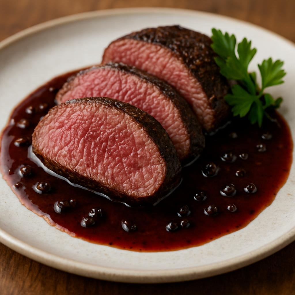 Entree: United States – Texas – Venison Backstrap (Pan-seared and roasted venison loin served with a reduced red wine and peppercorn pan sauce) recipe