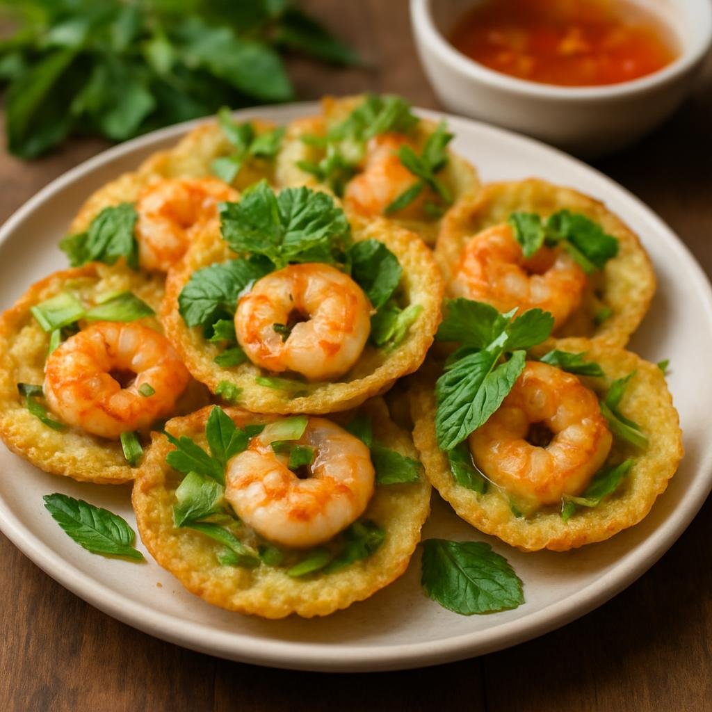 Entree: Vietnam – Southern Vietnam – Bánh Khọt (Mini savory coconut rice pancakes topped with shrimp and fresh herbs) recipe