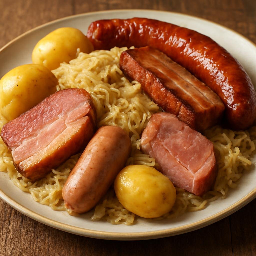 Entree: France – Champagne – Choucroute Garnie (Braised sauerkraut cooked with an assortment of smoked and fresh pork) recipe