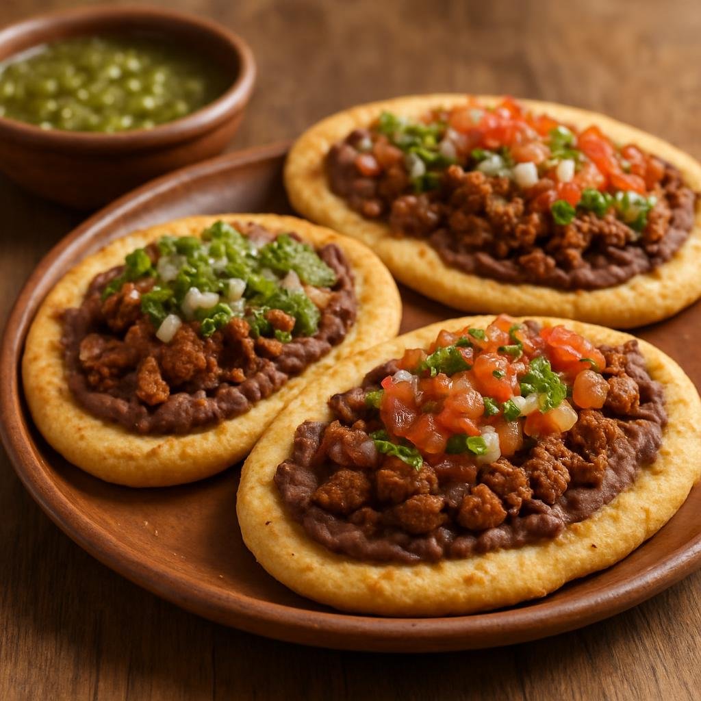 Entree: Mexico – Mexican Street Food Classics – Huaraches (Thick oval masa flatbreads topped with beans, meat, and fresh salsas) recipe
