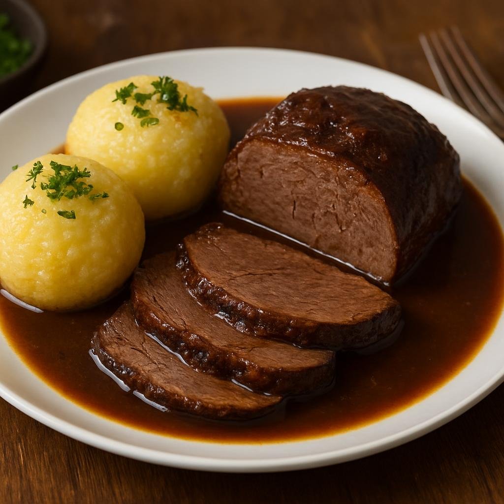 Entree: Germany – Rhineland – Rheinischer Sauerbraten mit Klößen (Rhineland marinated pot roast served with potato dumplings in a sweet-sour gravy) recipe