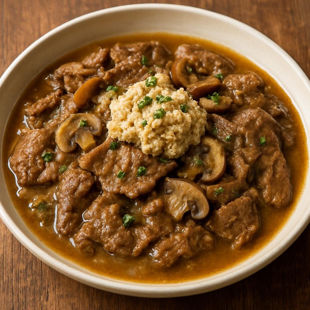Entree: Spain – Catalonia – Fricandó (Catalan stew of thinly sliced beef simmered in a savory stock with mushrooms and a ground-almond and garlic picada) recipe