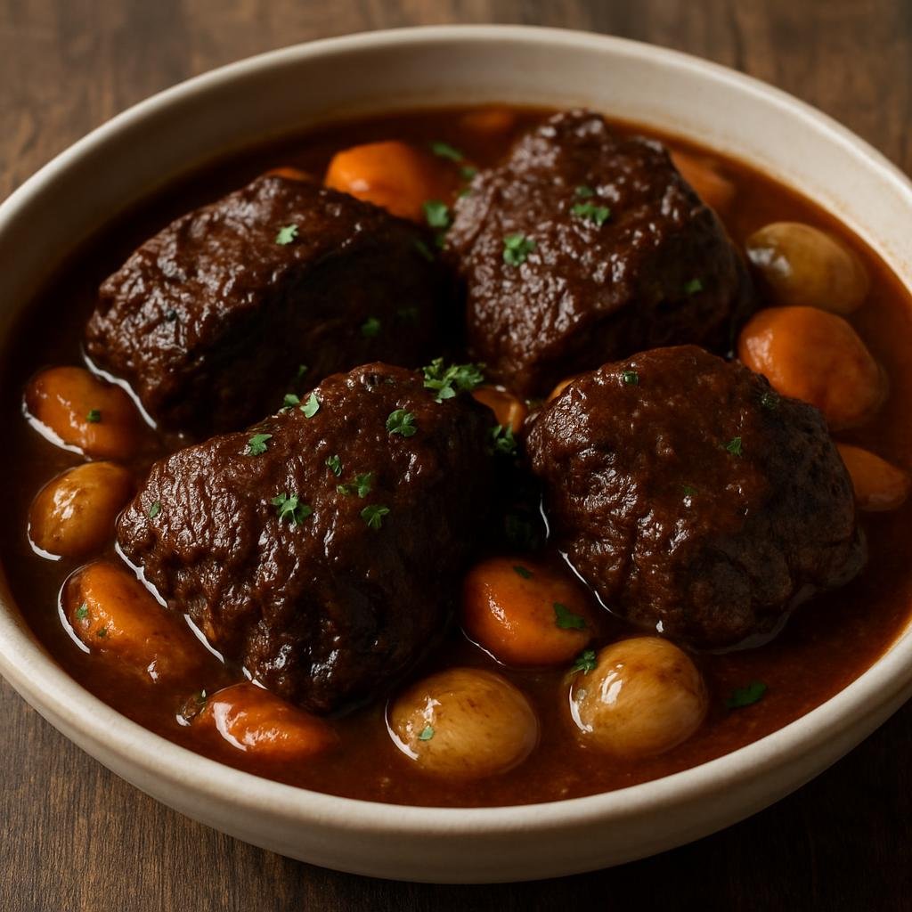Entree: Australia – Tasmania – Braised Beef Cheeks (Slow-braised beef cheeks cooked in wine and stock until melt-in-the-mouth tender) recipe