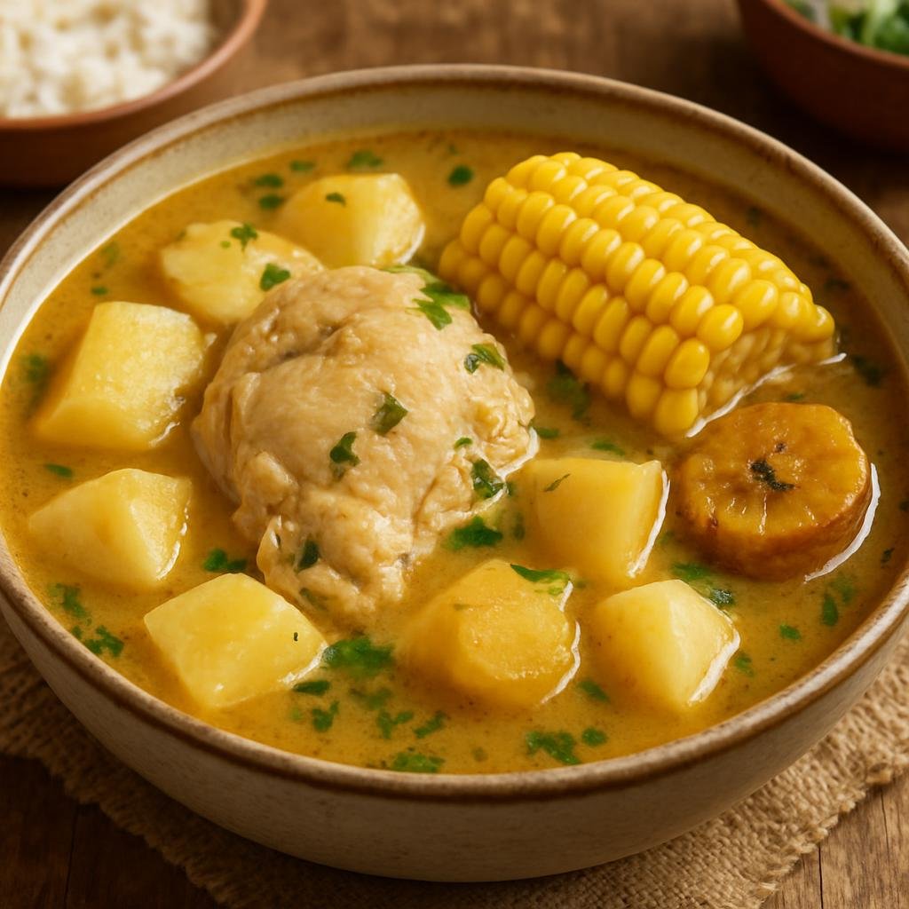 Entree: Colombia – Pacific Coast – Sancocho de Gallina (Hearty Colombian chicken stew with root vegetables, plantains, corn, and coconut milk) recipe