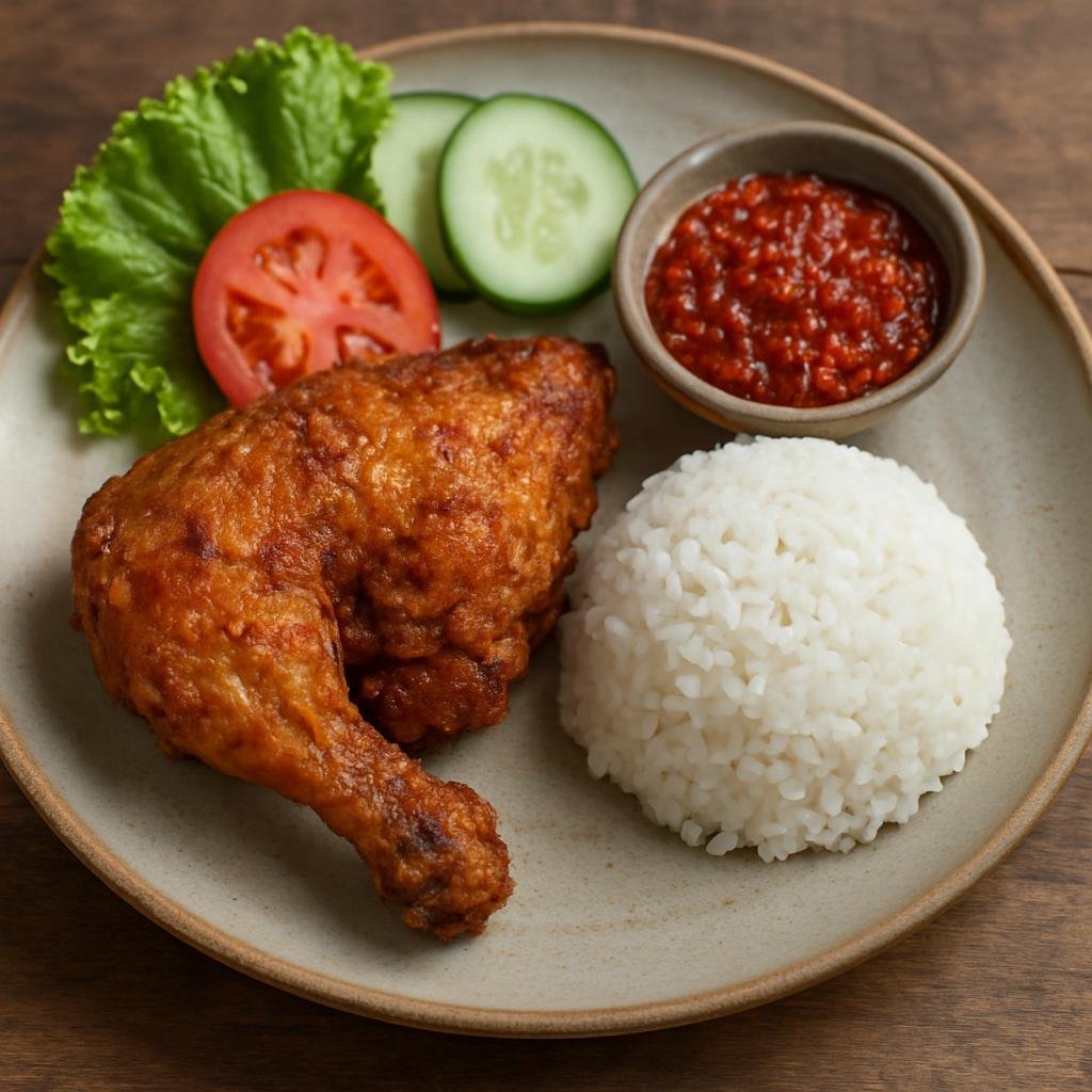 Entree: Malaysia – Sarawak – Ayam Penyet (Smashed fried chicken served with spicy sambal, rice, and fresh raw vegetables) recipe