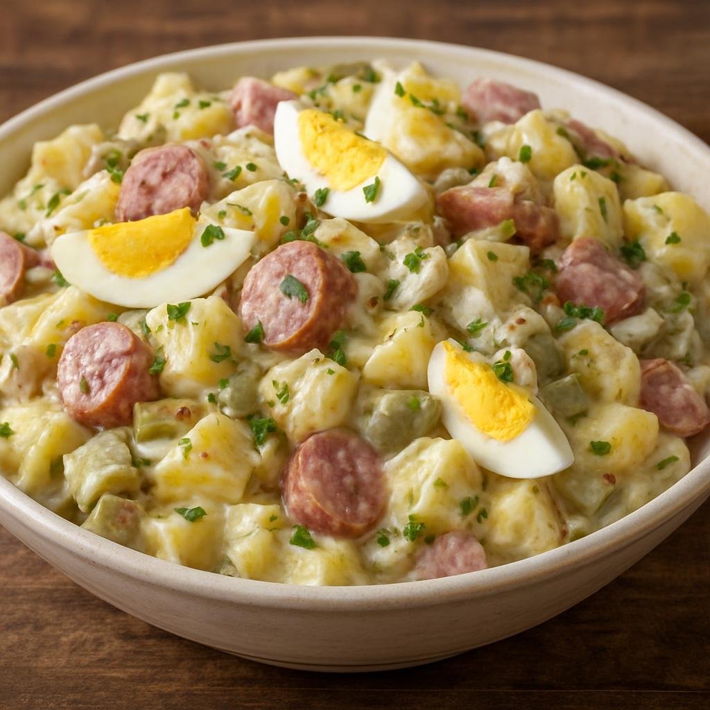 Entree: Poland – Silesia – Szałot (Silesian potato salad with meats, pickles, eggs, and a creamy mustard-mayonnaise dressing) recipe