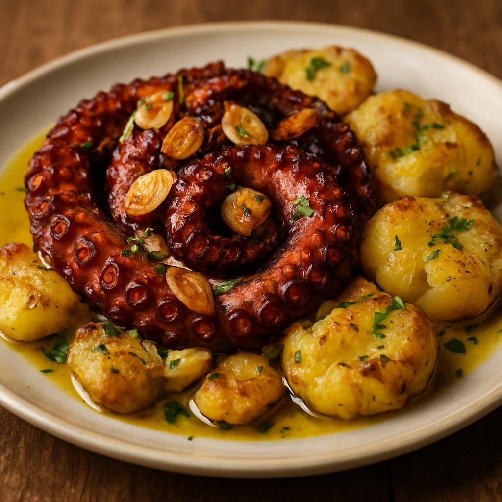 Entree: Portugal – Portuguese Seafood Coast – Polvo à Lagareiro (Oven-roasted octopus with abundant garlic and olive oil, served with smashed roasted potatoes) recipe