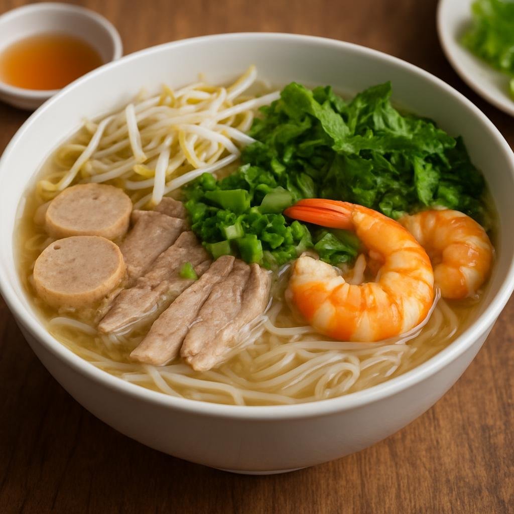 Entree: Vietnam – Southern Vietnam – Hủ Tiếu Nam Vang (Southern Vietnamese clear rice noodle soup with pork, shrimp, and fresh garnishes) recipe