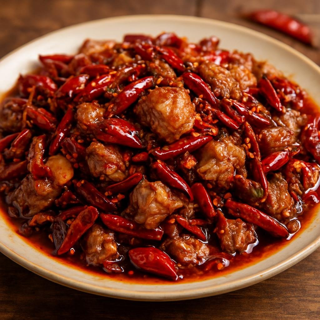 Entree: China – Guizhou – 贵州辣子鸭 ➤ Guìzhōu làzǐ yā (Stir-fried duck pieces cooked with abundant dried chilies and aromatic spices in a bold, numbing-spicy Guizhou style) recipe