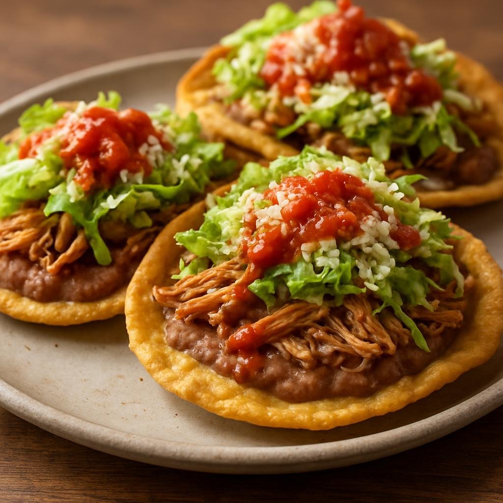 Entree: Mexico – Mexican Street Food Classics – Chalupas (Crisp fried masa shells topped with refried beans, shredded meat, cheese, lettuce, and salsa) recipe