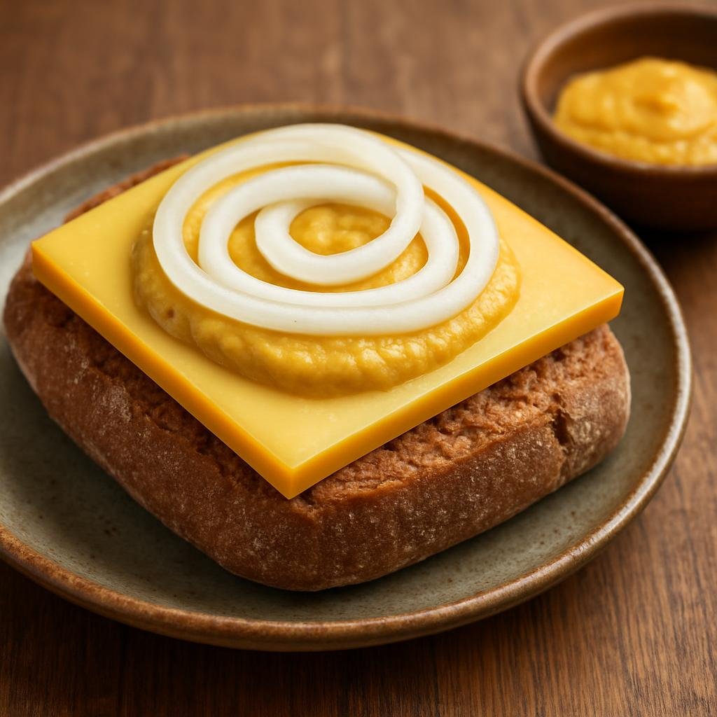 Entree: Germany – Rhineland – Halve Hahn (A hearty rye-roll sandwich topped with a thick slice of aged Gouda, mustard, and raw onion) recipe