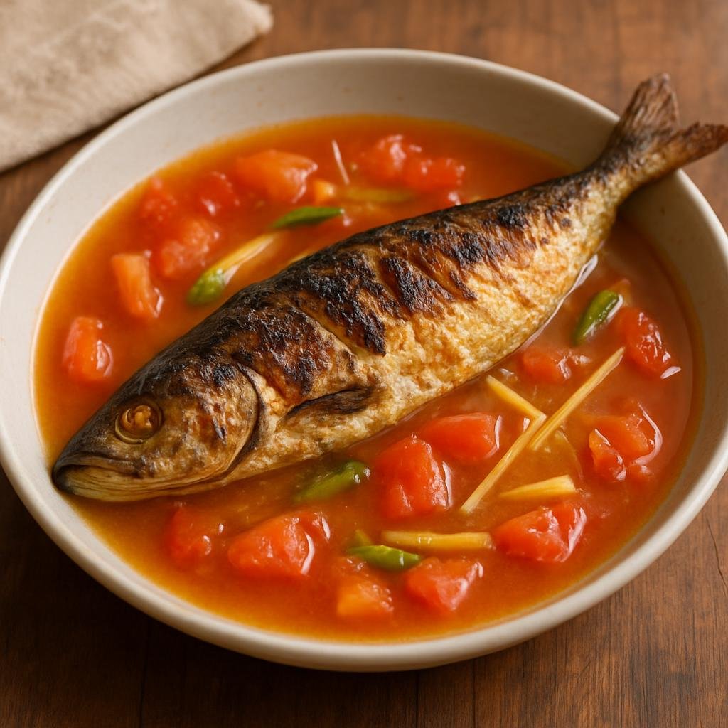 Entree: Philippines – Visayas – Linagpang (Visayan-style grilled fish simmered briefly in a light ginger-tomato broth) recipe