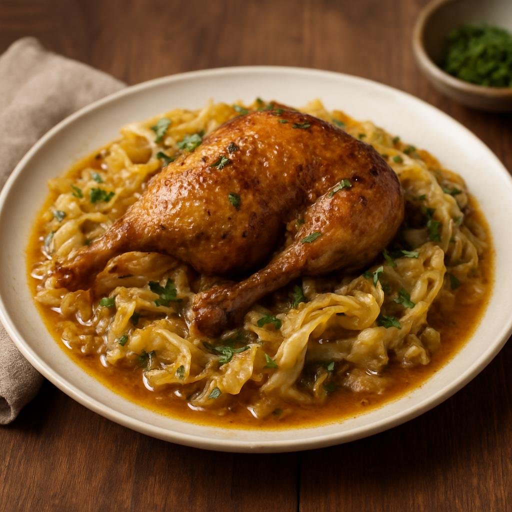 Entree: France – Champagne – Pintade aux Choux (Guinea fowl braised with cabbage and aromatic wine sauce) recipe