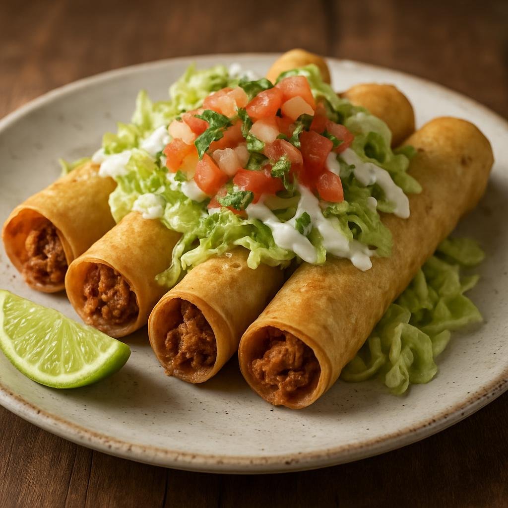 Entree: Mexico – Mexican Street Food Classics – Flautas (Crisp rolled corn tortillas filled with seasoned meat and fried until golden) recipe