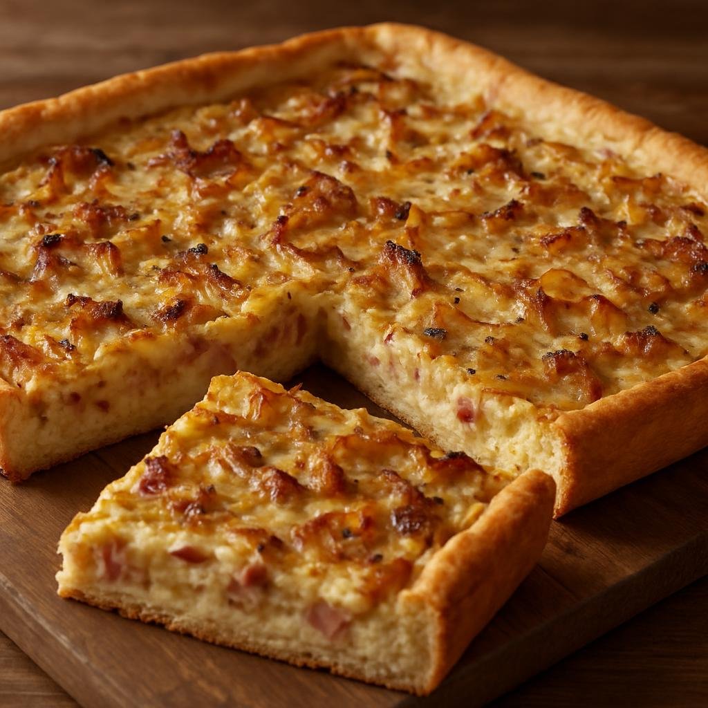 Entree: Germany – Rhineland – Rheinischer Zwiebelkuchen (Rhenish savory onion tart topped with a creamy egg and bacon custard on a yeast crust) recipe