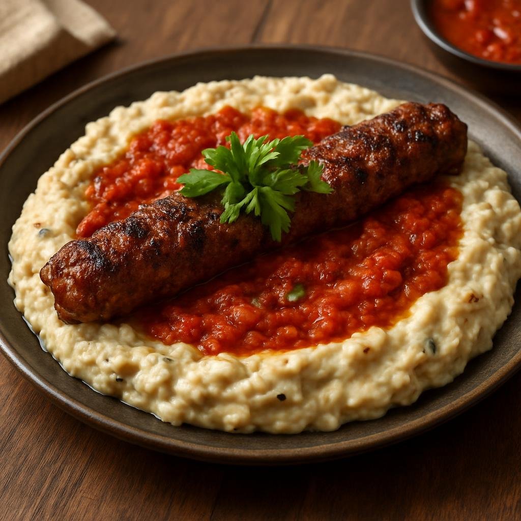 Entree: Turkey – Ottoman Palace Cuisine – Ali Nazik Kebab (Smoky charred eggplant purée topped with seasoned minced lamb kebab) recipe