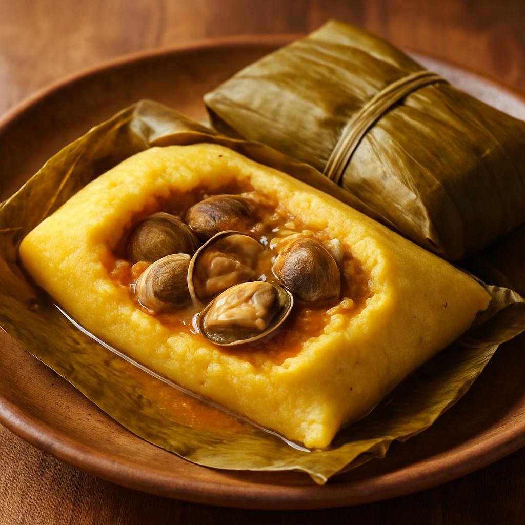 Entree: Colombia – Pacific Coast – Tamal de Piangua (Steamed corn dough parcels filled with mangrove clams and coconut-spiced broth) recipe