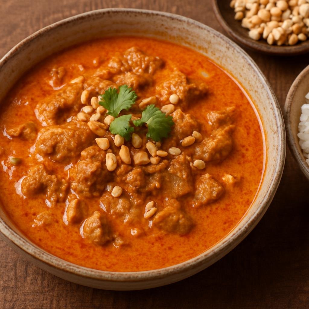Entree: Thailand – Thai Muslim Cuisine – พะแนง ➤ Phanaeng (A rich, slightly sweet red curry cooked in coconut milk with meat and finished with peanuts) recipe