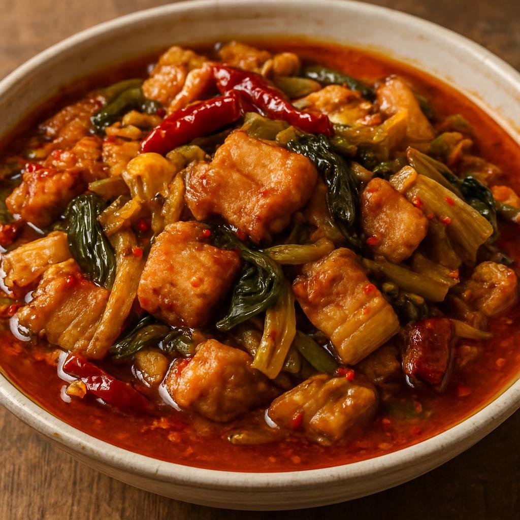 Entree: China – Guizhou – 酸辣猪肉 ➤ Suānlà Zhūròu (Guizhou-style pork cooked with pickled vegetables and fermented chili for a tangy, spicy main dish) recipe