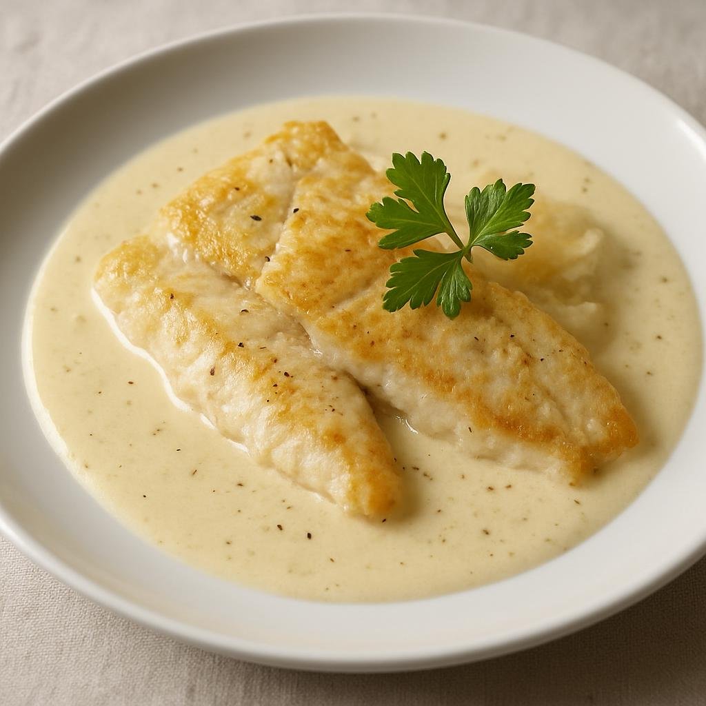 Entree: France – Champagne – Filet de Sandre au Champagne (Pike-perch fillets poached and finished in a reduced Champagne cream sauce) recipe