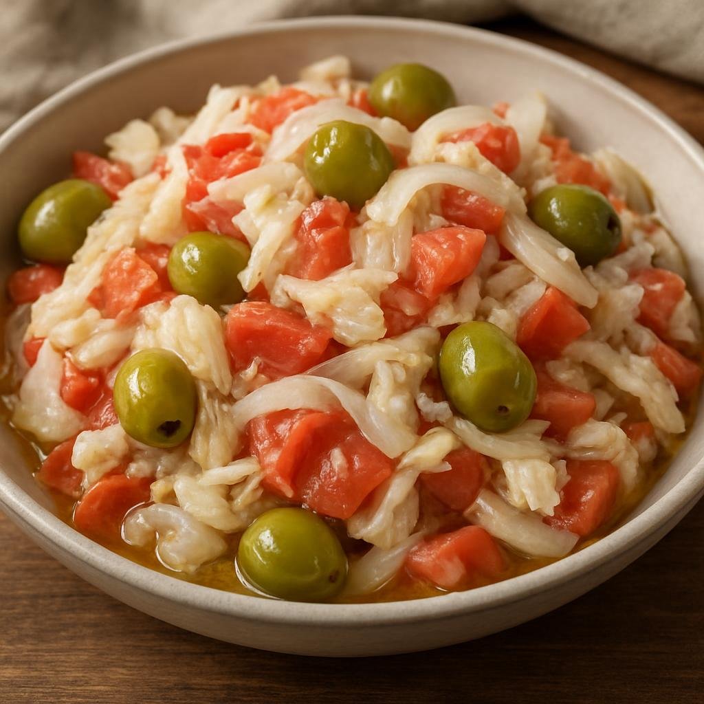 Entree: Spain – Catalonia – Esqueixada (Catalan shredded salted cod salad with tomatoes, onions and olives dressed in olive oil and vinegar) recipe