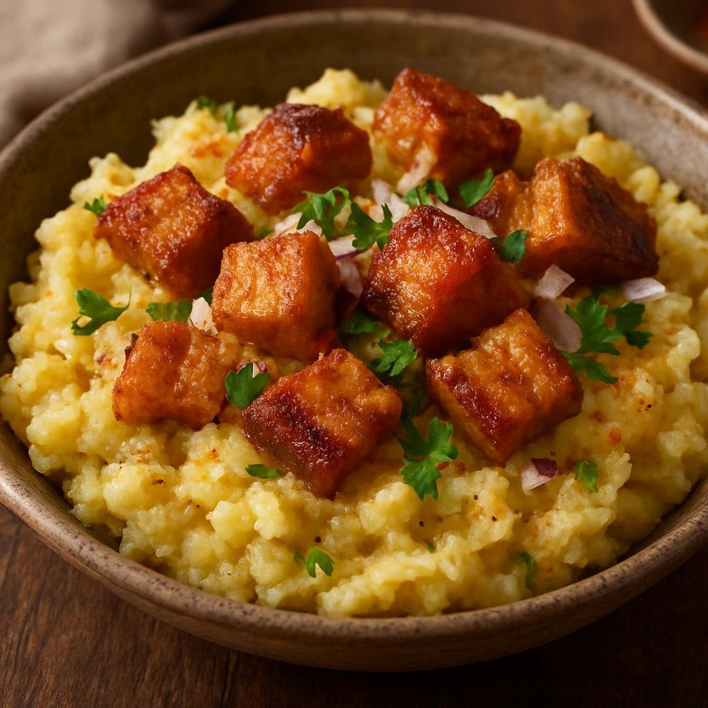 Entree: Peru – Northern Coast – Majado de Yuca (Mashed cassava combined with crisp pork chicharrón and seasoned aromatics) recipe