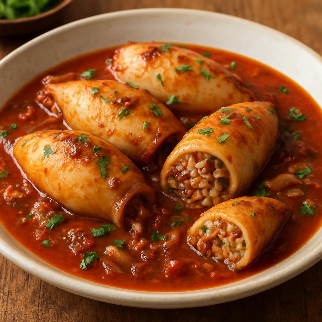 Entree: Portugal – Portuguese Seafood Coast – Lulas Recheadas (Whole squid stuffed with rice, chouriço, herbs, and simmered in a tomato and wine sauce) recipe