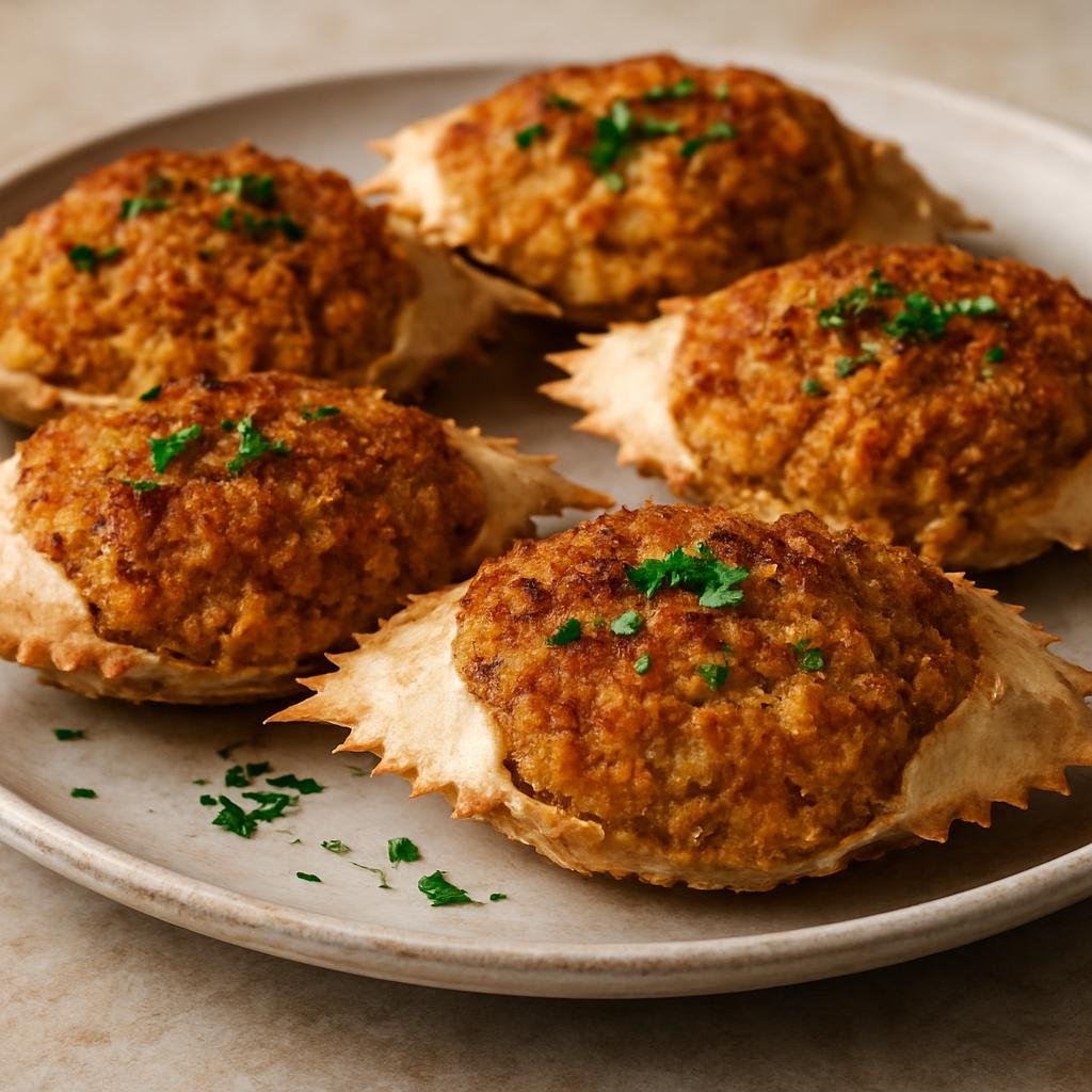 Entree: United States – Carolinas Lowcountry – Deviled Crab (Lump crab meat seasoned with spices and breadcrumbs, baked or broiled in shells or patties in a Lowcountry style) recipe