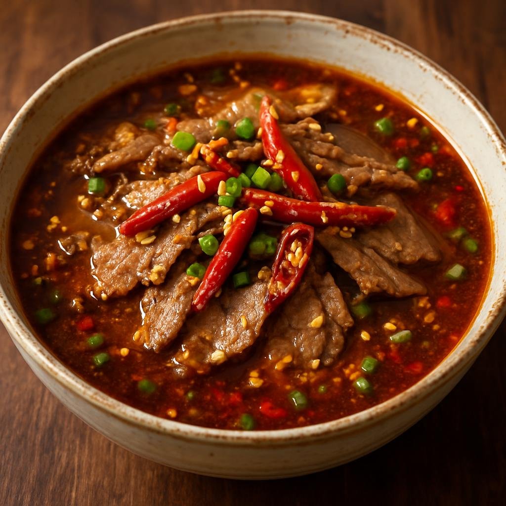 Entree: China – Guizhou – 酸汤牛肉 ➤ Suāntāng Niúròu (Thinly sliced beef cooked briefly in a tangy, chili-scented Guizhou sour soup) recipe