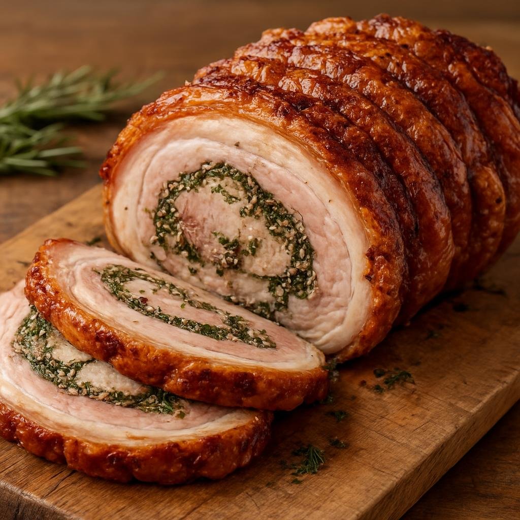 Entree: Italy – Lazio / Rome – Porchetta di Ariccia (Herb-studded, rolled and slow-roasted pork with crackling skin from the Roman countryside) recipe