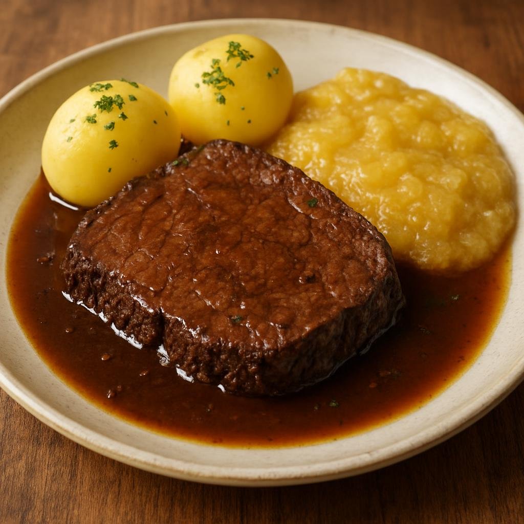Entree: Germany – Rhineland – Rheinischer Sauerbraten mit Apfelmus (Rhenish vinegar- and wine-marinated pot roast braised and served with applesauce) recipe