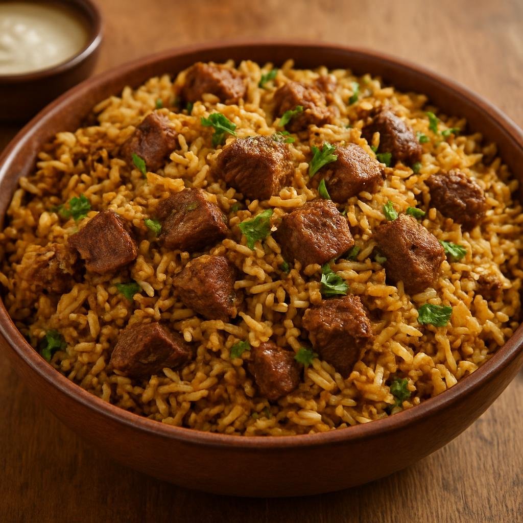 Entree: Pakistan – Pashtun Cuisine – بنوں بیف پلاؤ ➤ Bannū Bīf Pilāo (Spiced beef and long-grain rice pilaf from the Bannu region of Pashtun Pakistan) recipe
