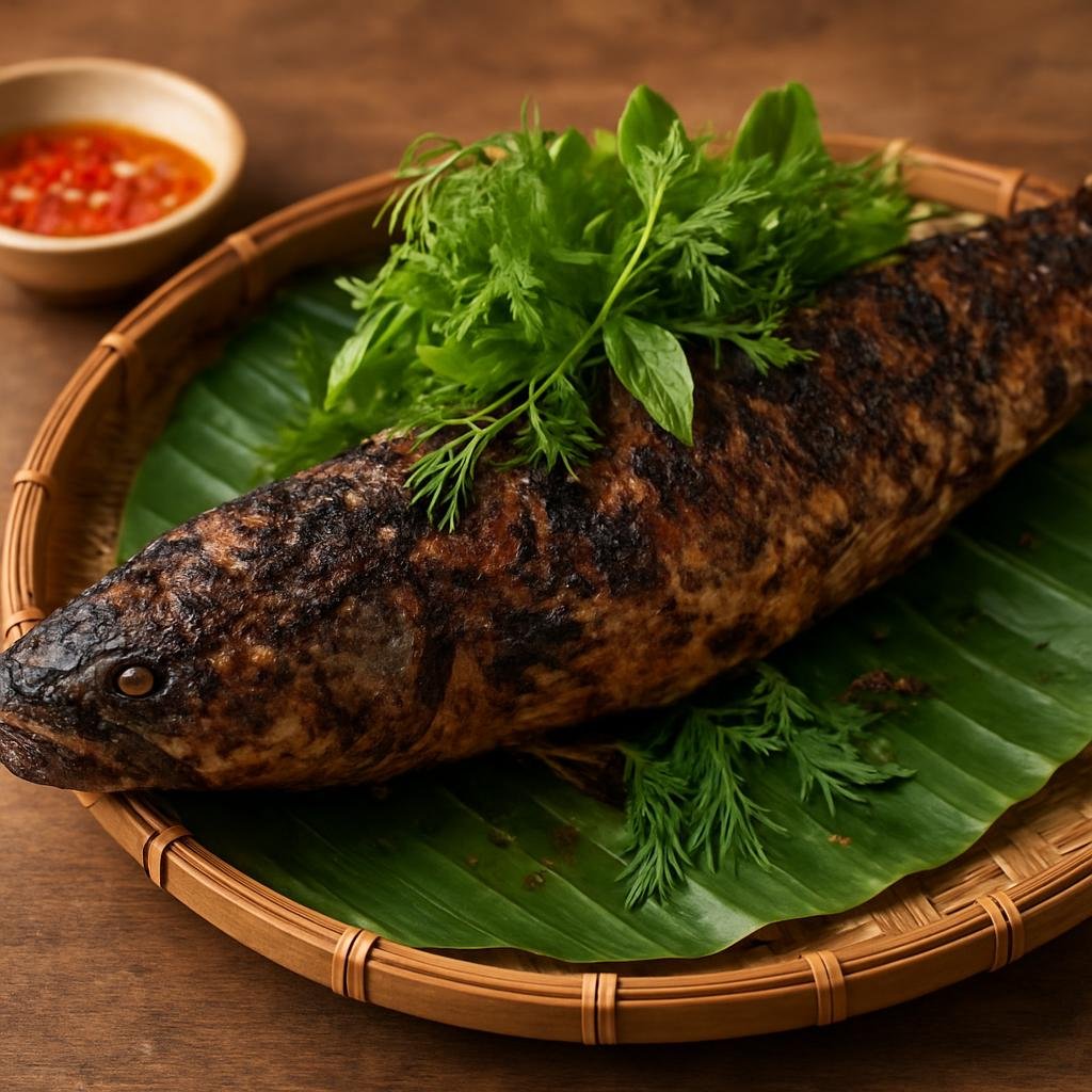 Entree: Vietnam – Southern Vietnam – Cá Lóc Nướng Trui (Whole charcoal-grilled snakehead fish roasted over embers with a smoky char and herbs) recipe