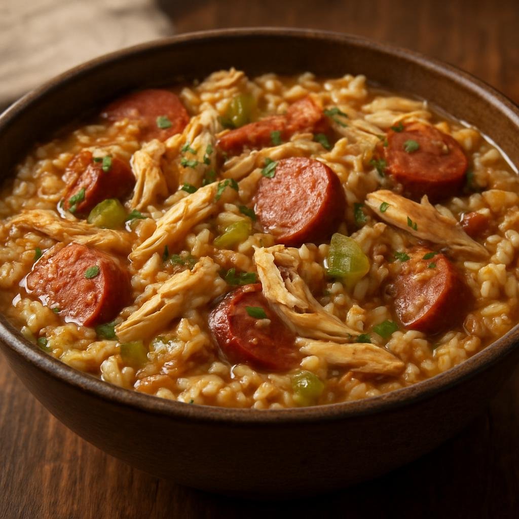 Entree: United States – Carolinas Piedmont – Chicken Bog (Hearty one-pot rice and chicken stew with smoked sausage) recipe