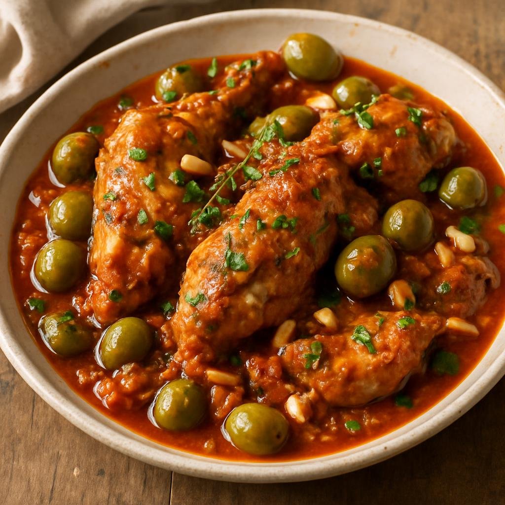 Entree: Italy – Liguria – Coniglio alla Ligure (Ligurian-style braised rabbit with olives, pine nuts, and aromatic herbs) recipe