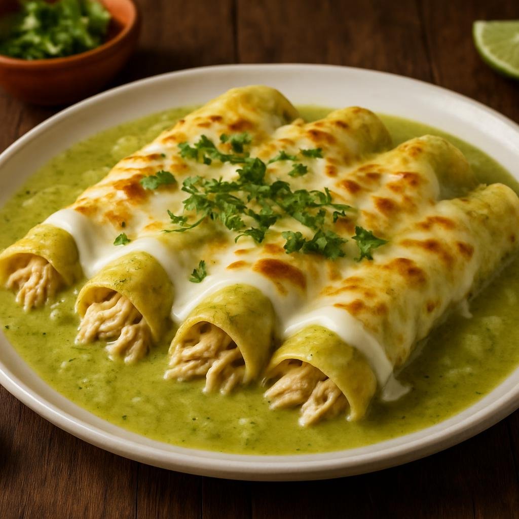 Entree: Mexico – Mexico City – Enchiladas Suizas (Creamy tomatillo chicken enchiladas topped with melted cheese and crema) recipe