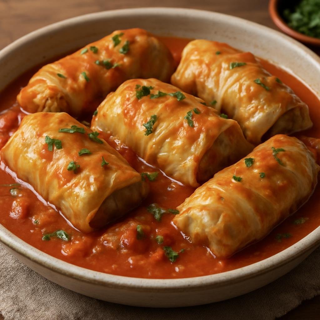 Entree: Russia – Moscow & Central Russia – Голубцы ➤ Golubtsy (Cabbage leaves rolled around a seasoned meat and rice filling, cooked in a tomato-based sauce) recipe